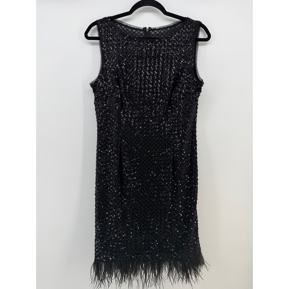 Adrianna‎ Papell Sequin Feather Hem Sheath Dress Black Sz 10 NWT Cocktail Glam